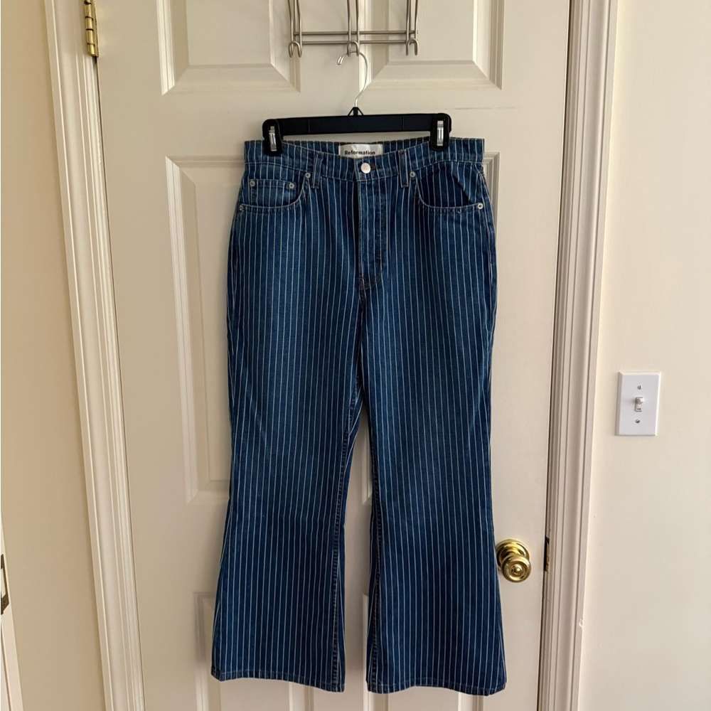 Reformation Blue Pinstripe Flare Jeans